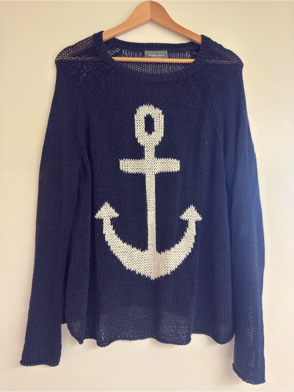 Wooden Ships Anchor Open Knit Sweater in Blue